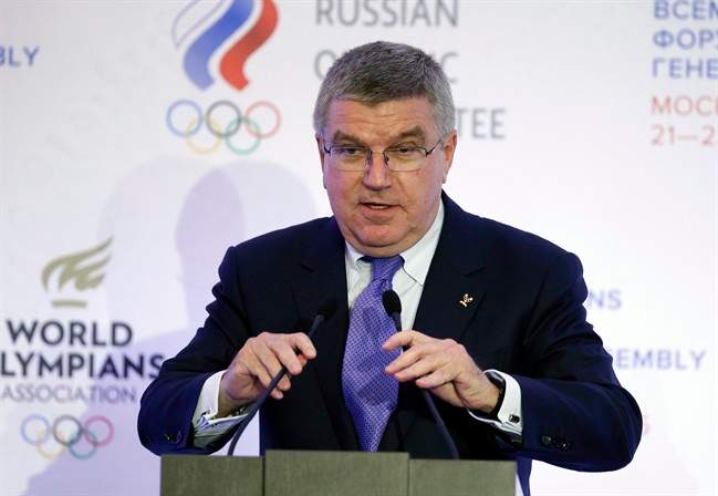 FILE - In this Wednesday, Oct. 21, 2015 file photo, International Olympic Committee (IOC) President Thomas Bach speaks at the World Olympians Forum in Moscow.