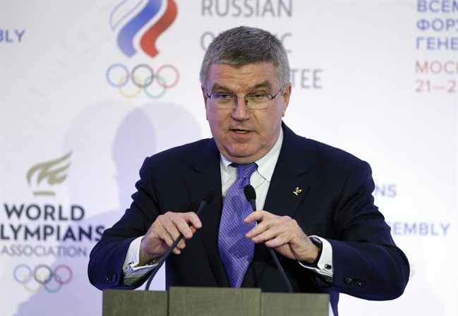 FILE - In this Wednesday, Oct. 21, 2015 file photo, International Olympic Committee (IOC) President Thomas Bach speaks at the World Olympians Forum in Moscow.