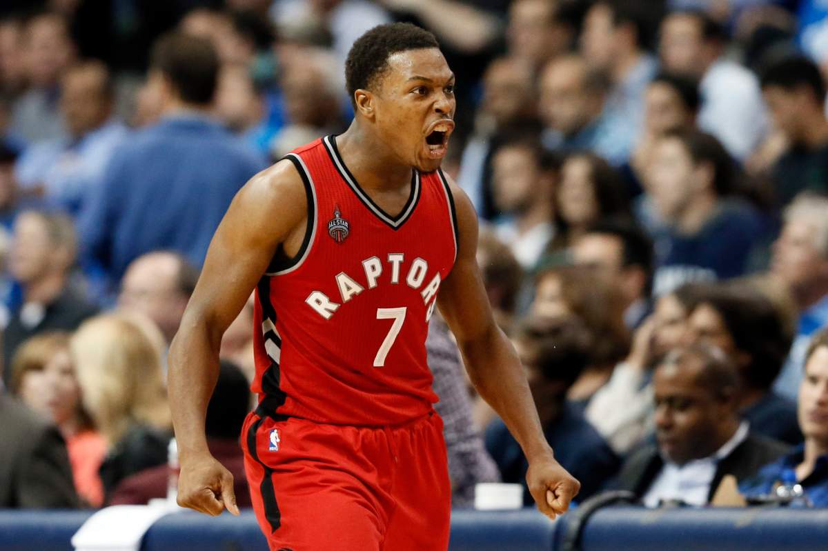 Toronto Raptors guard Kyle Lowry (7) celebrates scoring a basket against the Dallas Mavericks late in the second half of an NBA basketball game Tuesday, Nov. 3, 2015, in Dallas. Lowry lead all scoring with 27-points in the 102-91 Raptors win.