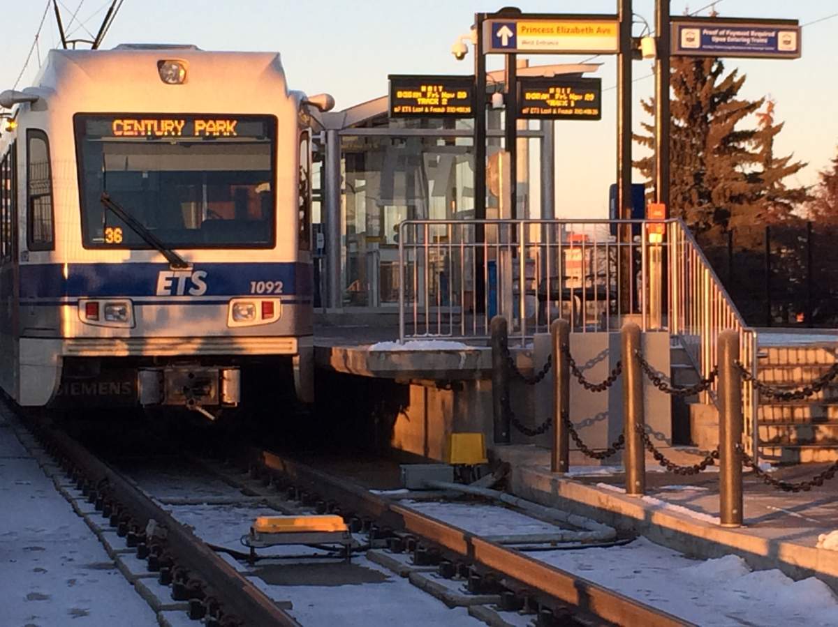 An Edmonton Transit Service LRT train at the NAIT station in Edmonton, Alberta. November 20, 2015.
