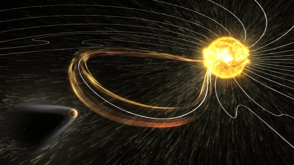 A solar storm approaches Mars (artist’s concept). The Red Planet is thought to have lost much of its atmosphere to such extreme space weather.