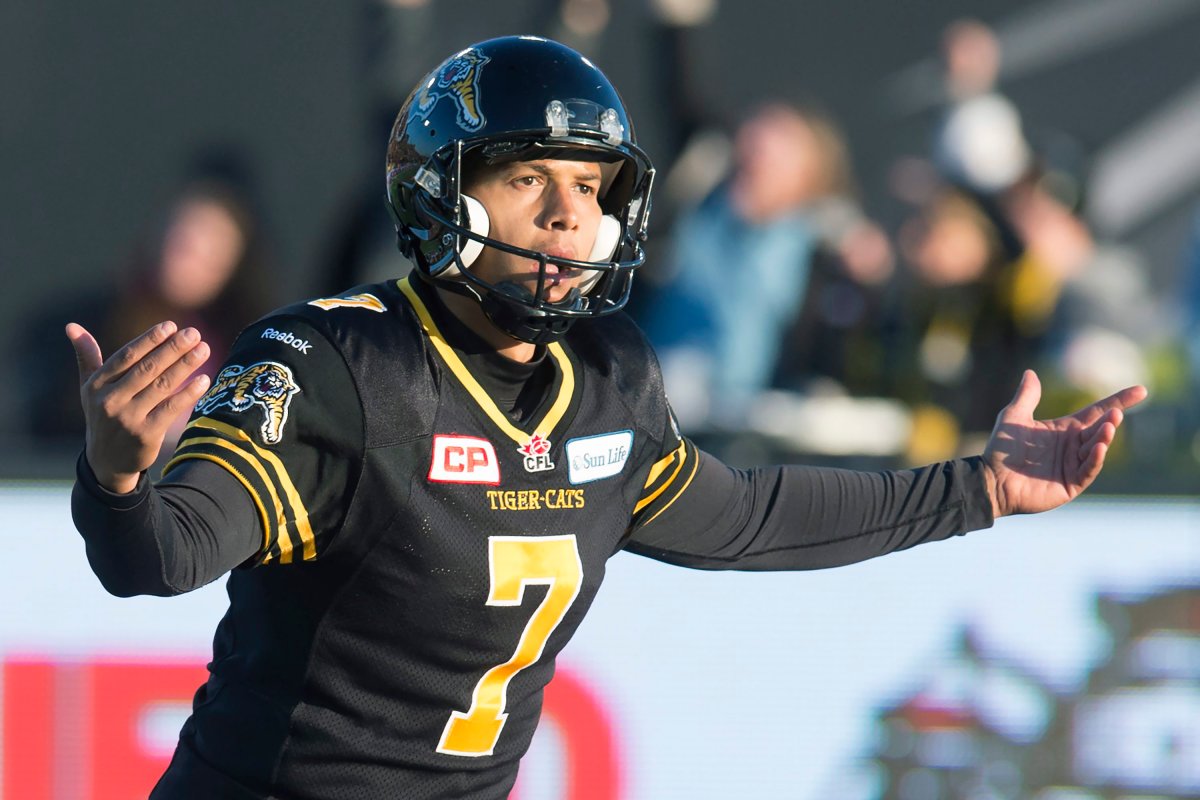 Hamilton Tiger-Cats'  kicker Justin Medlock (7) celebrates his game winning field goal in the end of fourth quarter CFL Eastern Division Semifinal football action against tahe Toronto Argonauts in Hamilton, Ont., on Sunday, Nov. 15, 2015.
