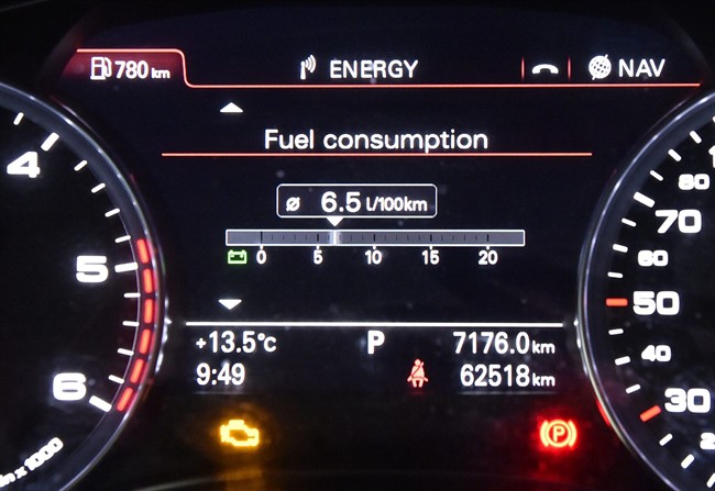 The instrument panel of an Audi car shows the fuel consumption.