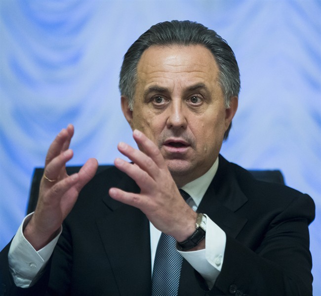 Russian Sports Minister Vitaly Mutko gestures speaking at his meeting with the media in Moscow, Russia, Friday, Nov. 13, 2015. In an effort to avoid a ban from track and field, Russia offered "broad cooperation" on doping reforms on Friday, including the creation of a new anti-doping agency. Mutko said he wanted to solve Russia's doping problem once and for all.