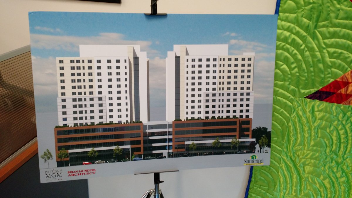 The concept plans for Namerind Place. The towers will contain 170 apartments, a daycare, and grocery store.