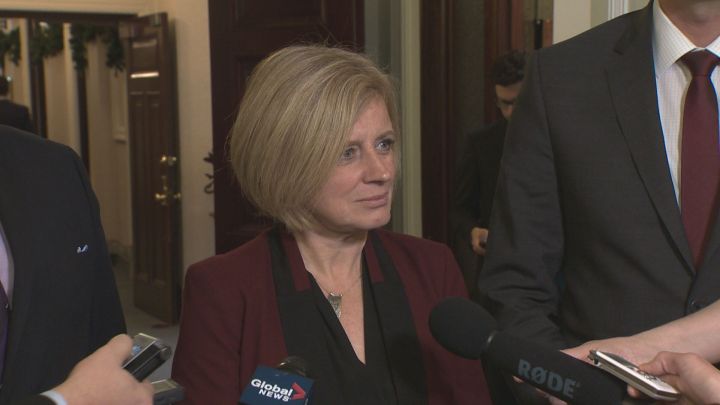 Premier Rachel Notley speaks to the media at the Alberta Legislature Wednesday, Nov. 18, 2015.