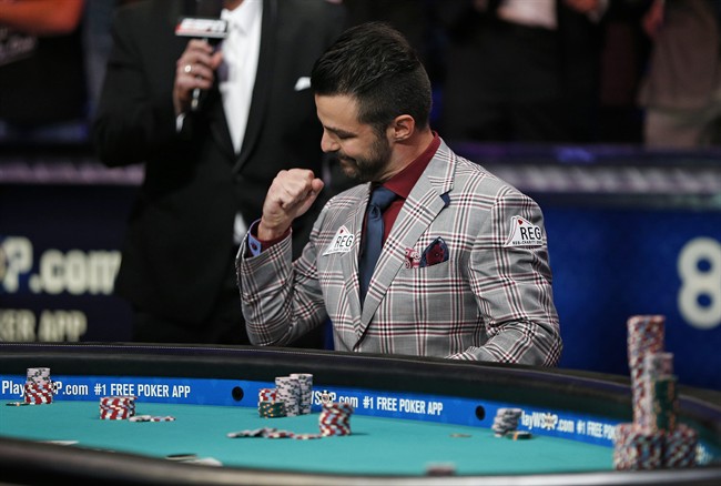 Max Steinberg reacts to his hand before knocking Tom Cannuli out of the World Series of Poker Monday, Nov. 9, 2015, in Las Vegas. Monday was the second of three days of marathon-length poker-playing before crowning a new champion and awarding more than $7 million to the winner. 