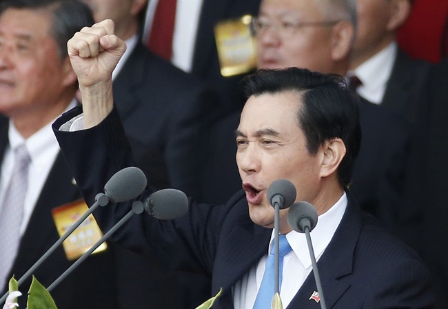 In this Oct. 10, 2015 file photo, Taiwan's President Ma Ying-jeou delivers the keynote speech during the National Day celebrations in Taipei, Taiwan. Ma Ying-jeou will meet Chinese President Xi Jinping in Singapore on Saturday, Nov. 7, 2015, to exchange ideas about relations between the two sides but not sign any deals, presidential spokesman Charles Chen said in a statement.