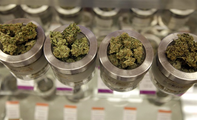 In this June 26, 2015, file photo, different varieties of marijuana flowers are displayed at medical marijuana dispensary in Portland, Ore.