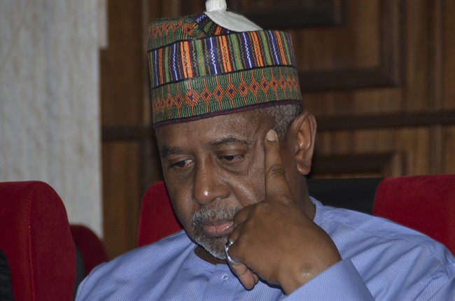In this Tuesday, Sept. 1, 2015 file photo, Nigeria's former national security adviser Sambo Dasuki attends a hearing to face charges of possessing weapons illegally, at the Federal High Court in Abuja, Nigeria.