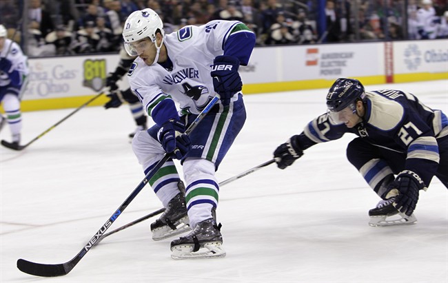 Vancouver Canucks' Brandon Sutter, left, skates past Columbus Blue Jackets' Ryan Murray to score a breakaway goal during the third period of an NHL hockey game Tuesday, Nov. 10, 2015, in Columbus, Ohio. 