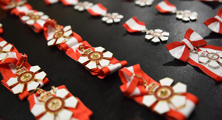 The Order of Canada medals are displayed during an investiture ceremony at Rideau Hall in Ottawa.