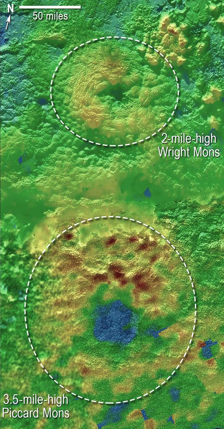 Using New Horizons images of Pluto’s surface to make 3-D topographic maps, scientists discovered that two of Pluto’s mountains, informally named Wright Mons and Piccard Mons, could be ice volcanoes.