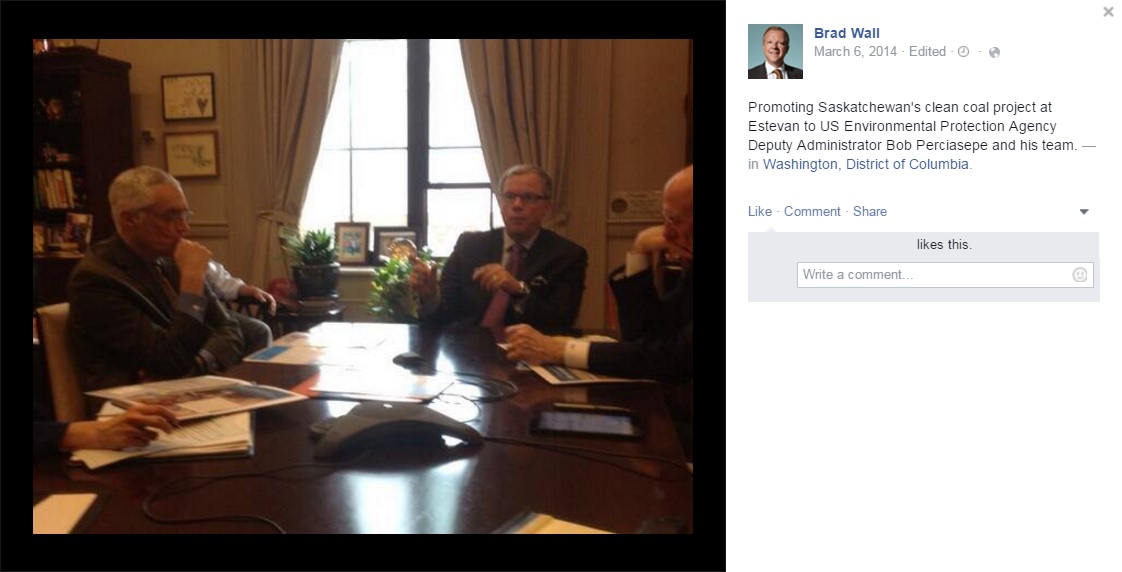 Documents show Premier Brad Wall’s March 2014 meeting with U.S. Environmental Protection Agency officials to promote carbon capture and storage was organized by paid lobbyists.