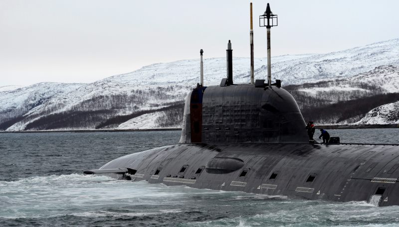 The Russian Northern Fleet's Severodvinsk nuclear submarine pictured on Nov. 2014 during an exercise off Zapadnaya Litsa Base to test a new submarine escape vessel. 
