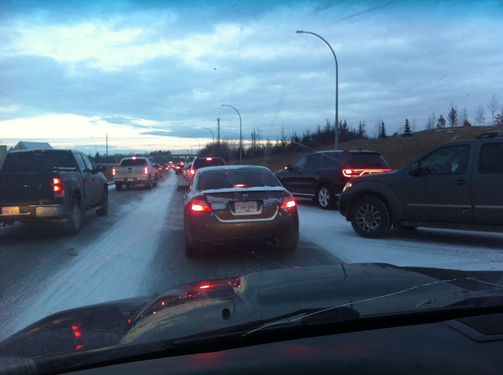 There was a major traffic jam on Terwillegar Drive following a light snowfall in Edmonton, Thursday, Nov. 19, 2015. 