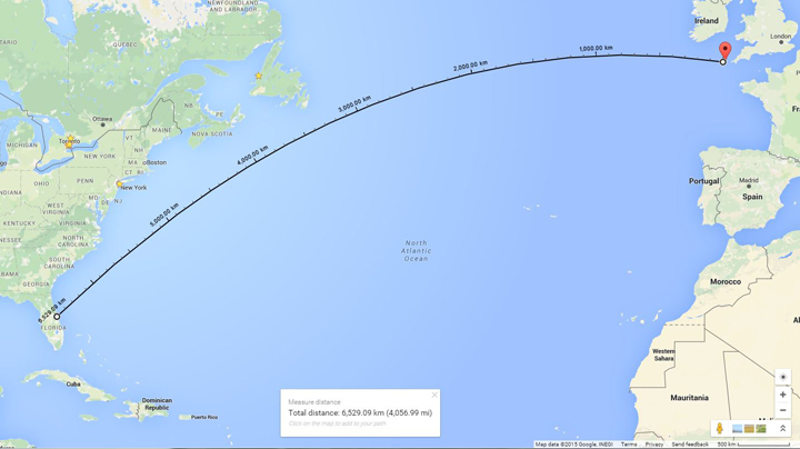 The distance between Cape Canaveral, Florida, and Scilly, UK.