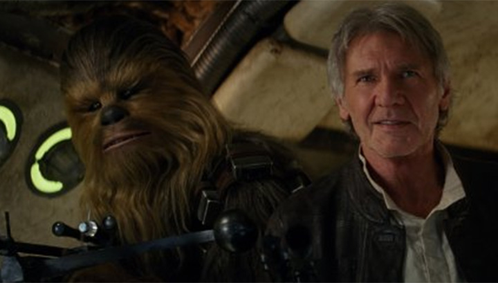 Still of Harrison Ford and Peter Mayhew in Star Wars: The Force Awakens. 