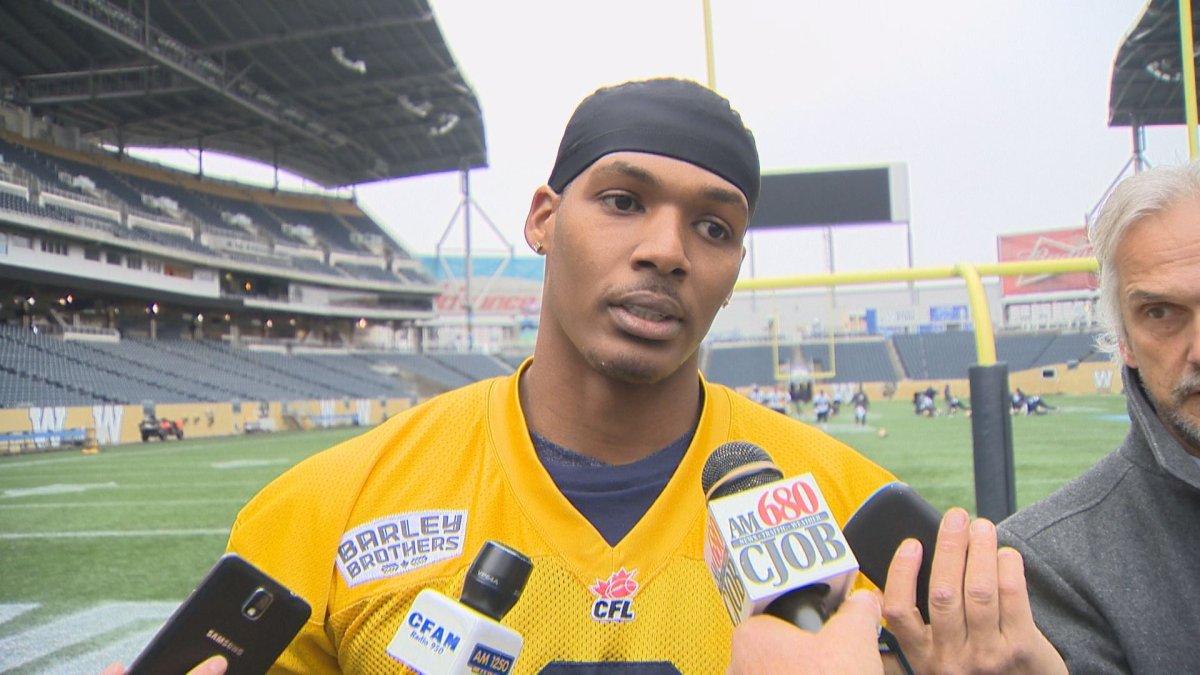 Dominique Davis talks with the media after being named the starting quarterback for the Winnipeg Blue Bombers' game against the Toronto Argonauts in 2015.