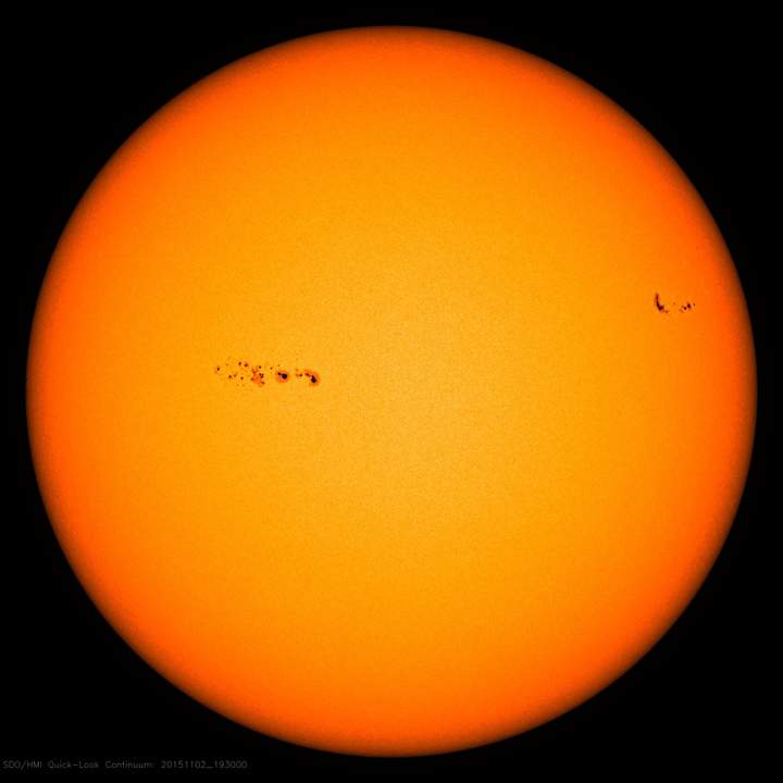 Several sunspots dot the surface of the sun on Nov. 2.