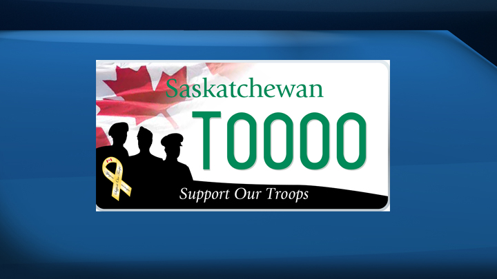 Saskatchewan residents will now be able to honour and support military members and their families with a new license plate depicting silhouettes of different branches of the Canadian military.