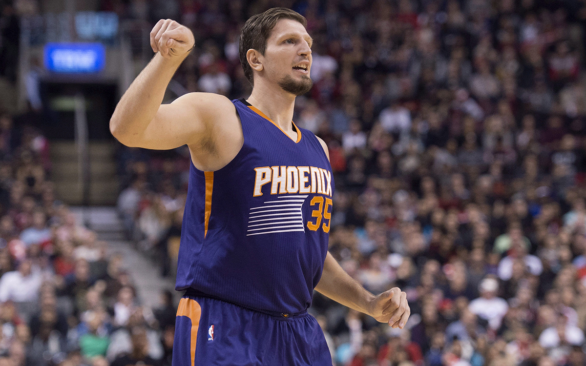 Phoenix Suns' Mirza Teletovic reacts after making a three-point shot .
