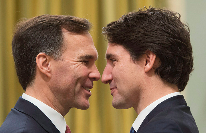 Prime Minister Justin Trudeau goes face-to-face with Finance Minister Bill Morneau at Rideau Hall in Ottawa on Wednesday, November 4, 2015.