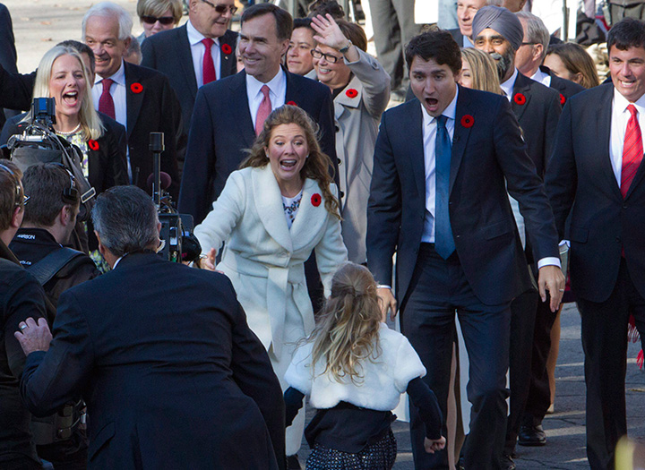 Prime Minister-designate Justin Trudeau’s and his wife Sophie Gregoire-Trudeau react as they greet their children at Rideau Hall in Ottawa, November 4, 2015.