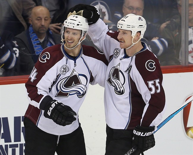 Colorado Avalanche's Blake Comeau (14) and Cody McLeod (55) celebrate after Comeau scored on the Winnipeg Jets' during third period NHL hockey action in Winnipeg Monday, November 23, 2015.