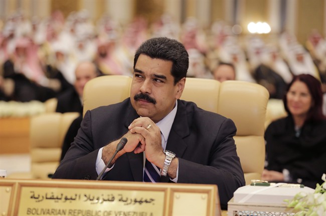 Venezuelan President Nicolas Maduro participates during a summit of Arab and South American leaders in Riyadh, Saudi Arabia, Tuesday, Nov. 10, 2015. The two-day summit beginning Tuesday aims to improve coordination among political leaders and civil society groups in the two regions, focusing on economics, science and technology, the environment and social and cultural affairs.