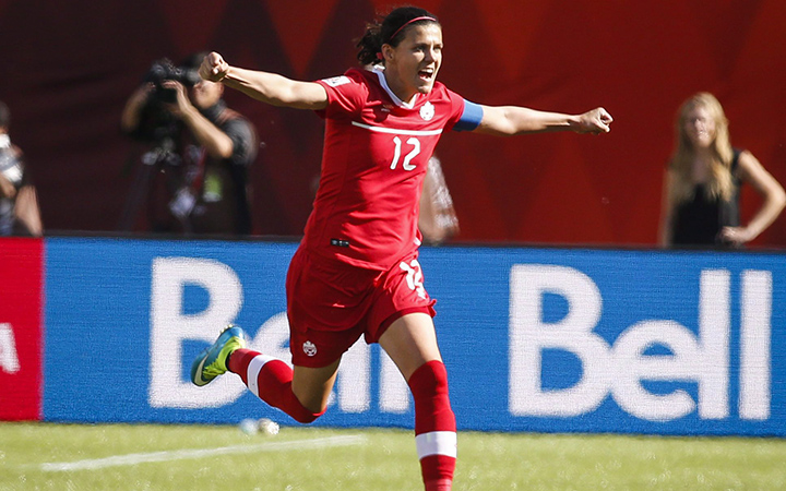 Canada's Christine Sinclair celebrates her game-winning stoppage-time penalty shot goal against China during FIFA Women's World Cup soccer action in Edmonton, Alta., Saturday, June 6, 2015.