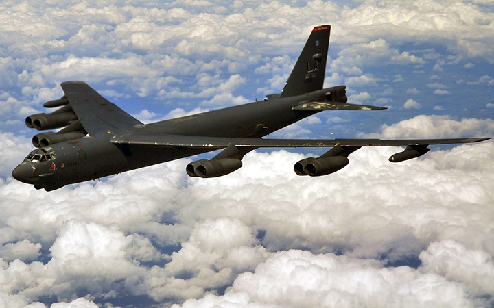 A U.S. Air Force handout photo shows a B-52 Stratofortress. Two U.S. B-52 bombers flew over  a Chinese-controlled man-made island in
the South China Sea.