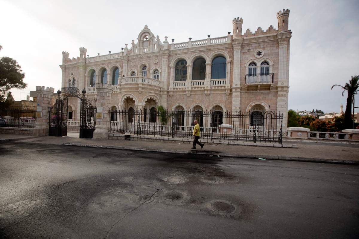 This Saturday, Nov. 28, 2015 photograph shows burnt tire marks in front of the Intercontinental hotel, in the West Bank town of Bethlehem. The century-old Jacir Palace hotel, with its soaring stone archways and wrought iron balconies, was once a symbol of Bethlehems wealth and tourism potential. Today, the property reflects the citys dour mood ahead of the crucial Christmas season after months of unrest that has taken more than 100 lives, including a Palestinian waiter from the hotel.