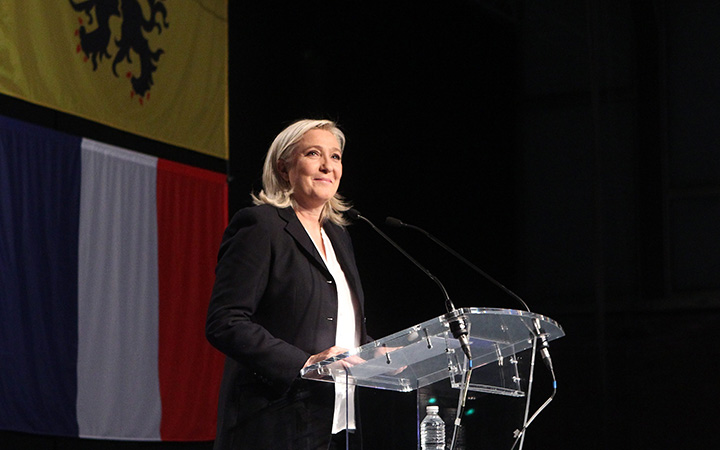 French far-right National Front Party leader, Marine Le Pen, delivers a speech after the first round of regional elections, Sunday, Dec. 6, 2015, in Henin-Beaumont, northern France. 