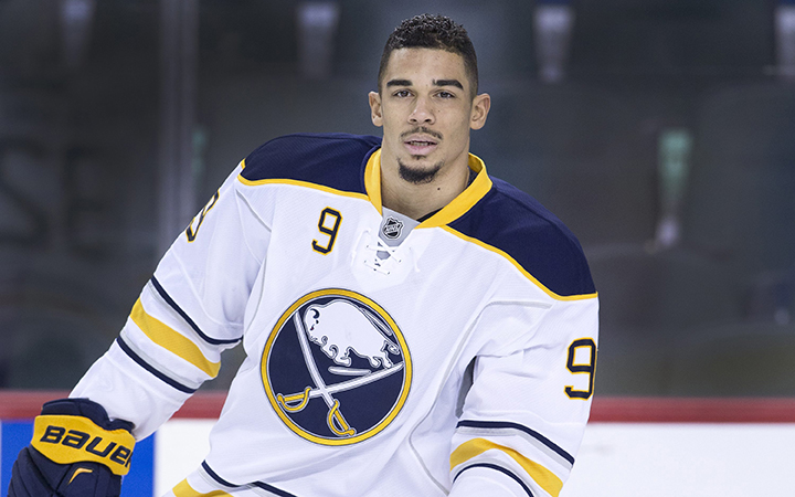 NHL player profile photo on Buffalo Sabres' Evander Kane at a game against the Calgary Flames in Calgary, Alberta on Dec. 10, 2015.  