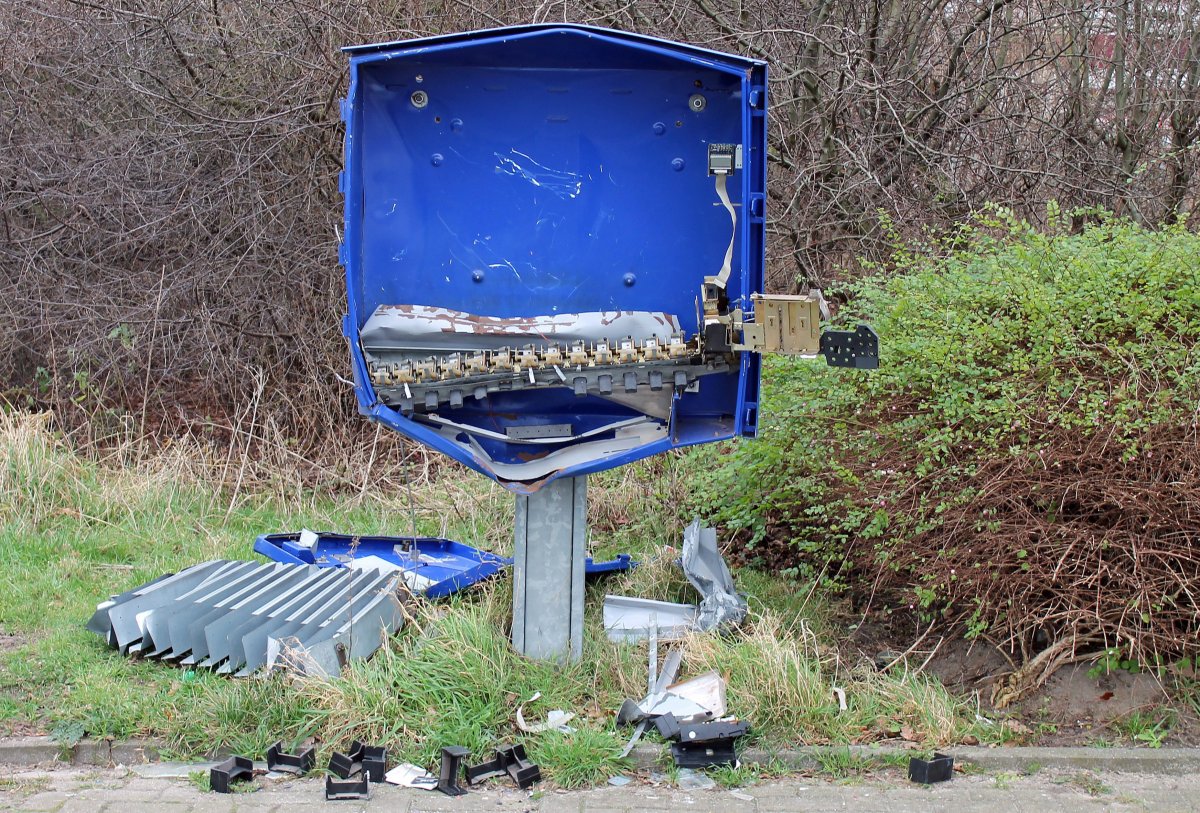 The remains of a condom dispenser after an explosion in Schoeppingen, Germany, 26 December 2015. A 29-year-old man died blowing up a condom machine. Police say he was struck in the head.