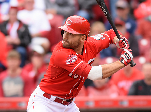Joey Votto #19 of the Cincinnati Reds bats during the game against the Chicago Cubs at Great American Ball Park on October 1, 2015 in Cincinnati, Ohio. The Cubs defeated the Reds 5-3. (Photo by Mark Cunningham/MLB Photos via Getty Images).