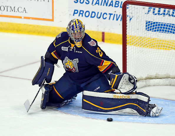 Mackenzie Blackwood #29 of the Barrie Colts stops a shot against the Mississauga Steelheads during OHL game action on November 1, 2015 at the Hershey Centre in Mississauga, Ontario, Canada. (Photo by Graig Abel/Getty Images).