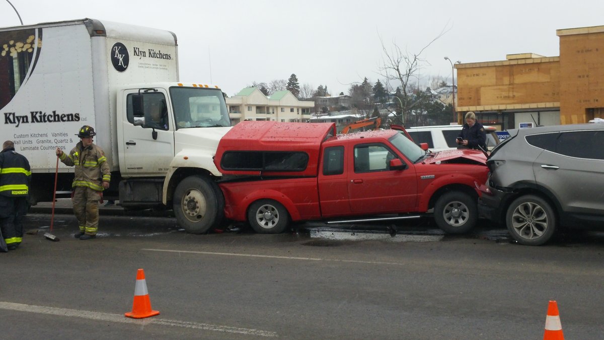 A five-car pileup accident on Harvey Avenue and Burtch Road caused heavy traffic delays in Kelowna on Monday afternoon. 