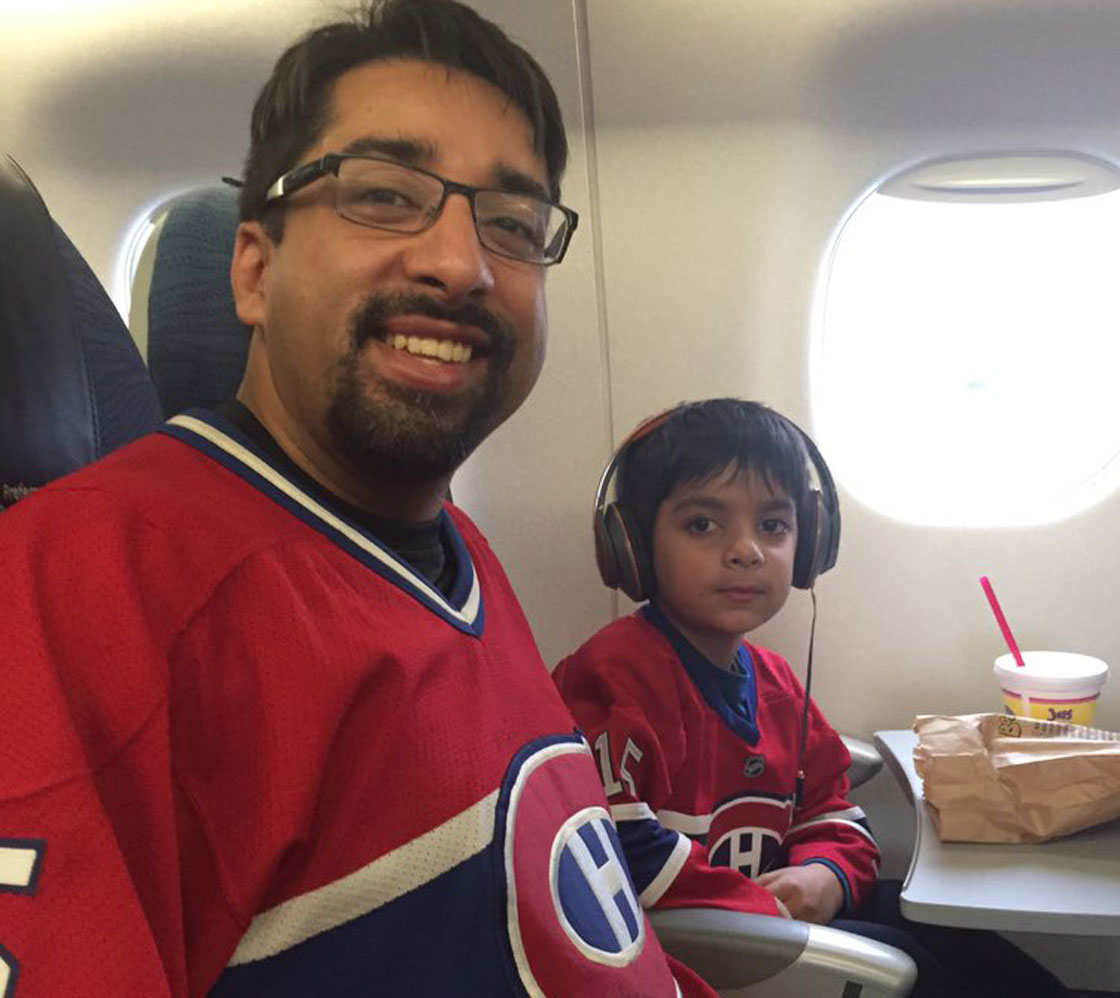 Sulemaan Ahmed and son Adam on route to the 2016 NHL Winter Classic between the Montreal Canadiens and Boston Bruins.