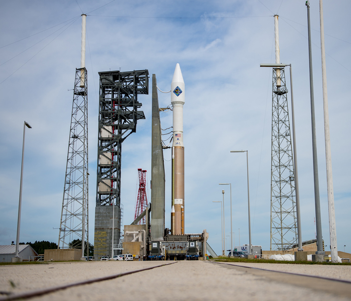 The United Launch Alliance Atlas V rocket with Orbital ATK’s Cygnus spacecraft onboard is seen shortly after arriving at the launch pad on Wednesday, Dec. 2, 2015, at the Cape Canaveral Air Force Station Space Launch Complex 41 in Florida.