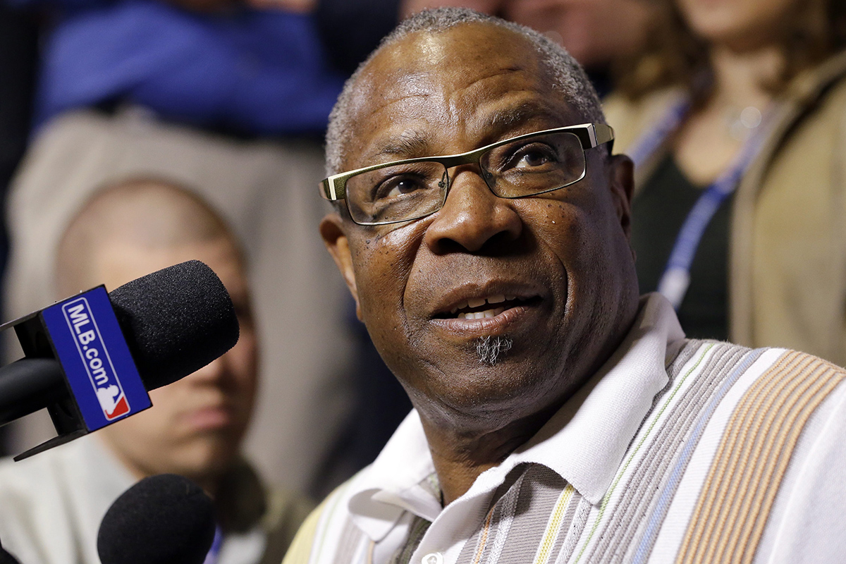 Washington Nationals manager Dusty Baker talks with reporters at baseball's winter meetings, Tuesday, Dec. 8, 2015, in Nashville, Tenn. 