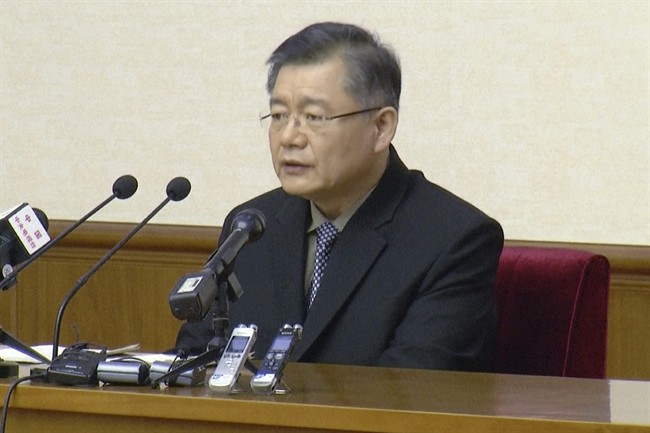 In this image made from July 30, 2015, video, Hyeon Soo Lim, who pastors the Light Korean Presbyterian Church in Toronto, speaks at a news conference in Pyongyang, North Korea.