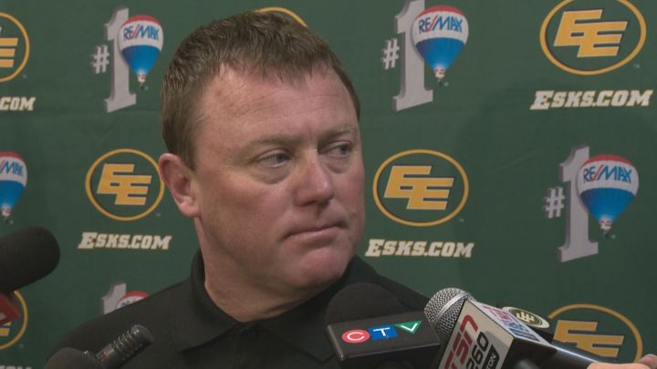 Edmonton Eskimos' head coach Chris Jones speaks to reporters at the team's final press conference for the season after winning the 2015 Grey Cup.