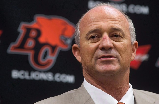 B.C. Lions new head coach Jeff Tedford speaks during a news conference at the CFL football team's practice facility in Surrey, B.C., on Friday Dec. 19, 2014. Tedford is stepping down as head coach of the B.C. Lions. THE CANADIAN PRESS/Darryl Dyck.