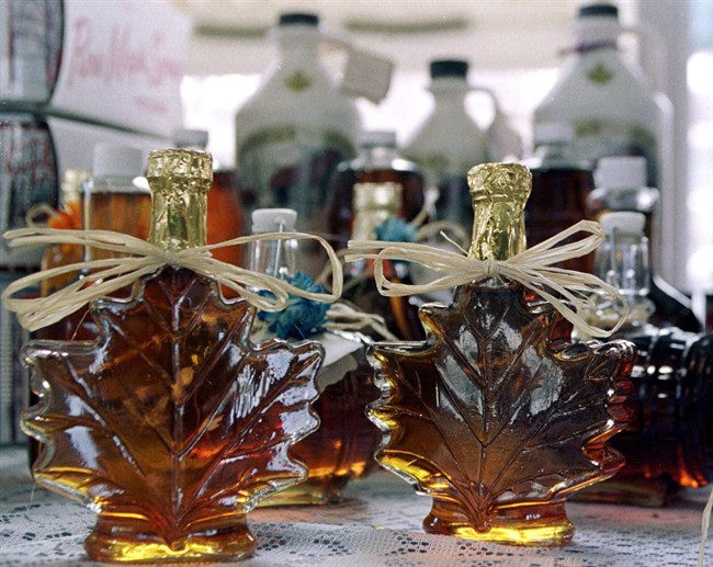 Maple syrup sits for sale at the Old Port market in Quebec City.