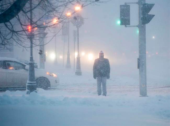 A pedestrian trudges through the snow in Fredericton on December 15, 2015.