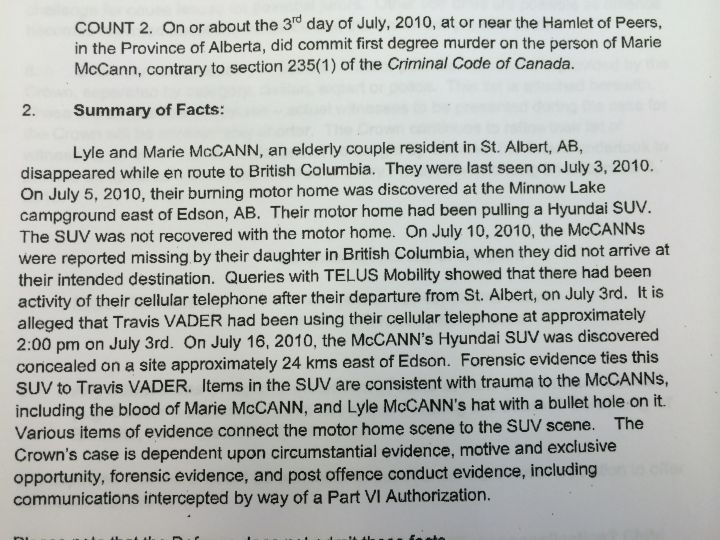 According to the crown’s summary of facts, forensic evidence ties Travis Vader, the lone suspect in the couple’s murder, to the couple’s SUV.