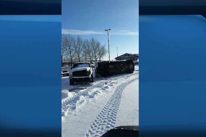 Several pickup trucks were smashed by a large vehicle at the Baker Hughes Oilfield Site in north Red Deer, Alta. on Christmas Day 2015.