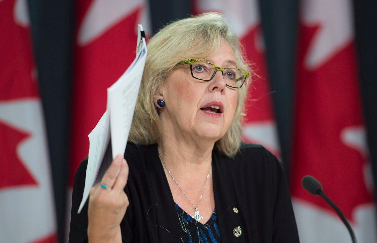 Green Leader Elizabeth May holds up a draft agreement as she speaks about the upcoming Paris climate conference during a briefing, Thursday, November 19, 2015 in Ottawa. THE CANADIAN PRESS/Adrian Wyld.